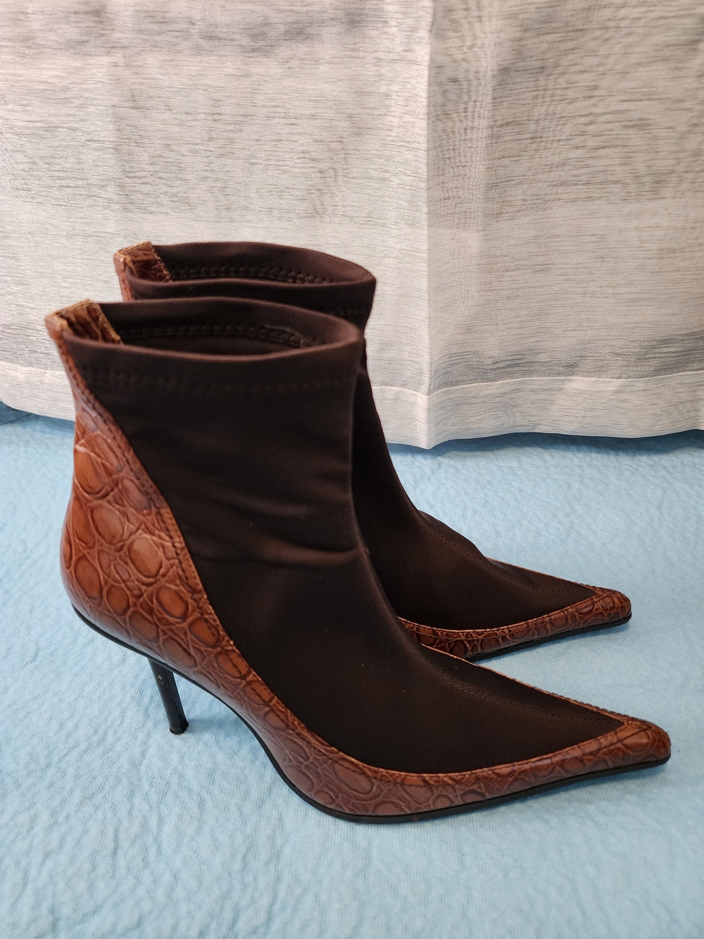 Black Stretch Pointed Ankle Boots with Brown Croc Trim.